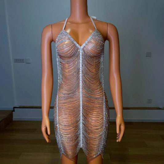 DIAMOND BADDIE CHAIN DRESS YSB AESTHETICS Bling Crystal Dress Nightclub Rhinestone Body Chain Dress Women Sexy One Piece Outfit Stage Wear