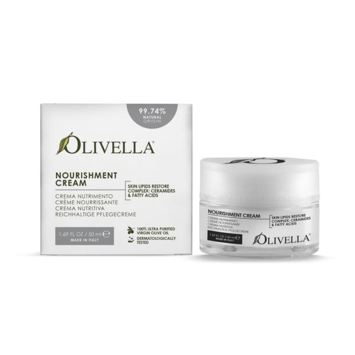 Olivella Nourishment Cream jar and box on a white background
