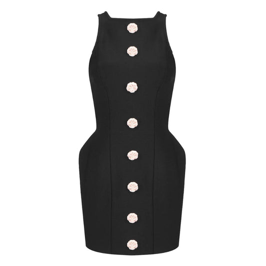 Black Sleeveless Bandage Dresses Stylish Bodycon Dress Elegant Fashion Flower Button Women Sexy Mini Dress