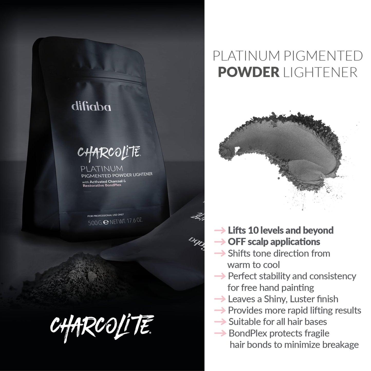 Packaging of Charcolite Platinum Pigmented Powder Lightener with product details on a dark background