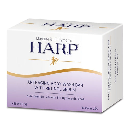 HARP anti-aging body wash bar packaging on a white background