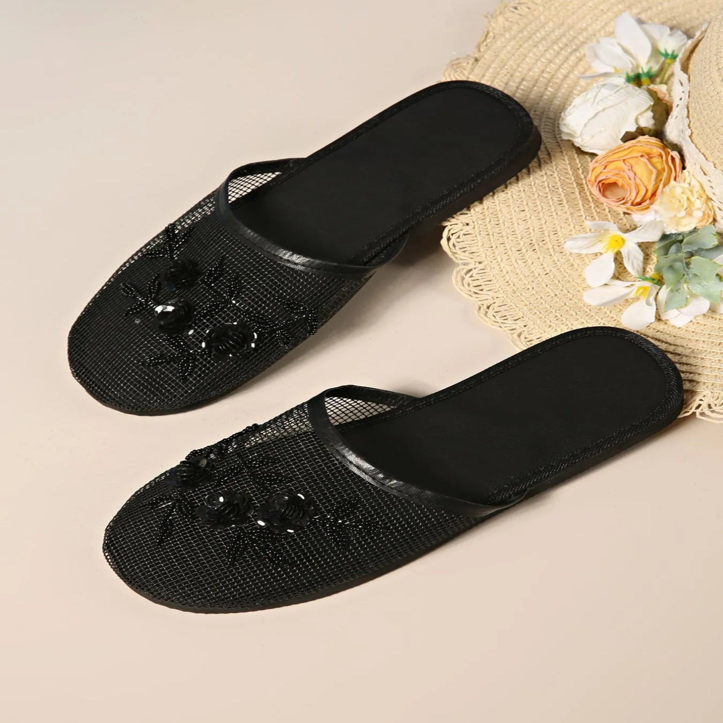 MESH FLORAL EMBROIDERED SLIDE SANDALS 90s 2000s slides bodega slides