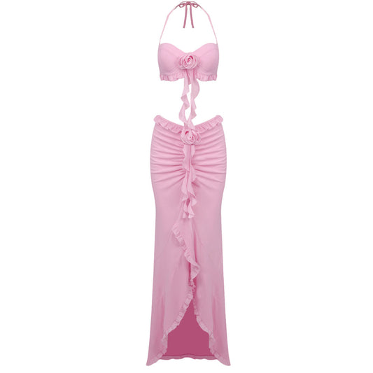Summer Sexy 2 Piece Set for Women Halter Sleeveless Top and High Waist Ruffle Skirts Flower