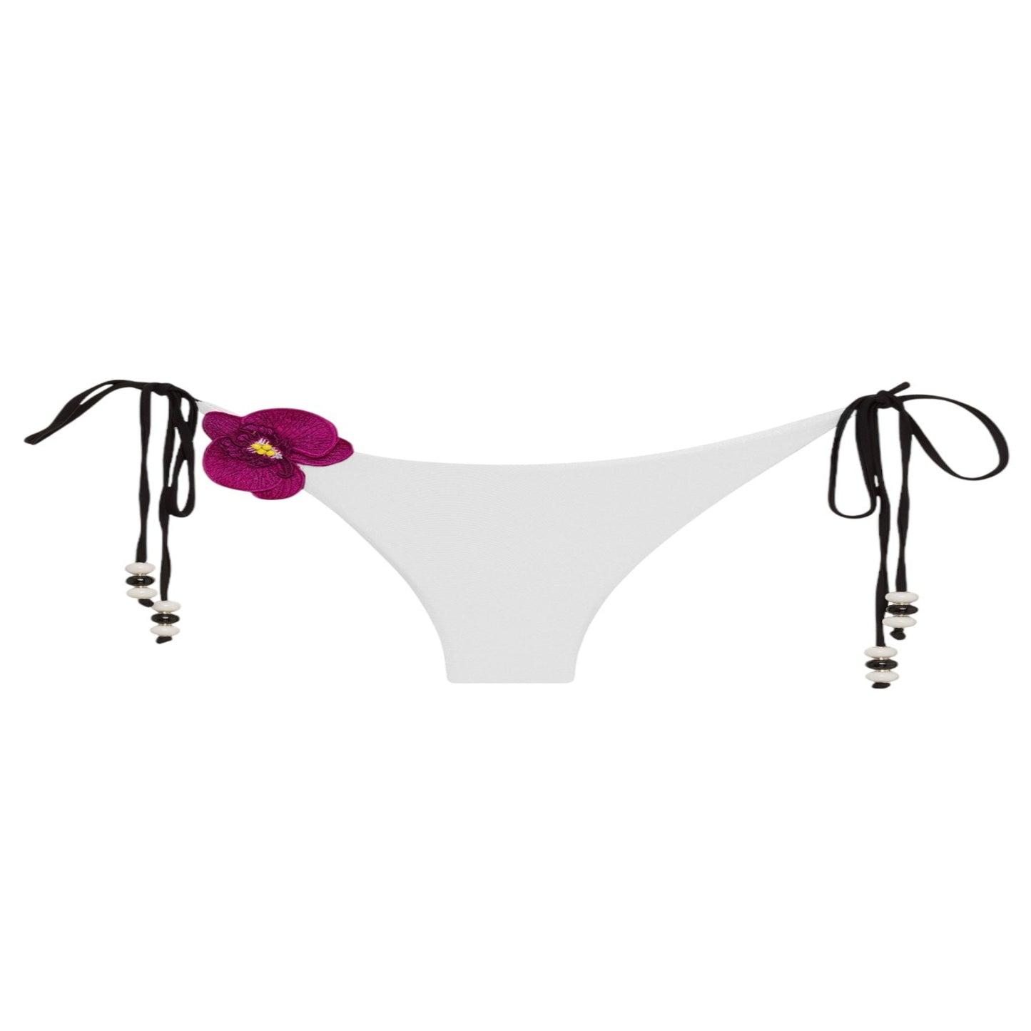 White bikini bottom with floral design and black straps on a white background