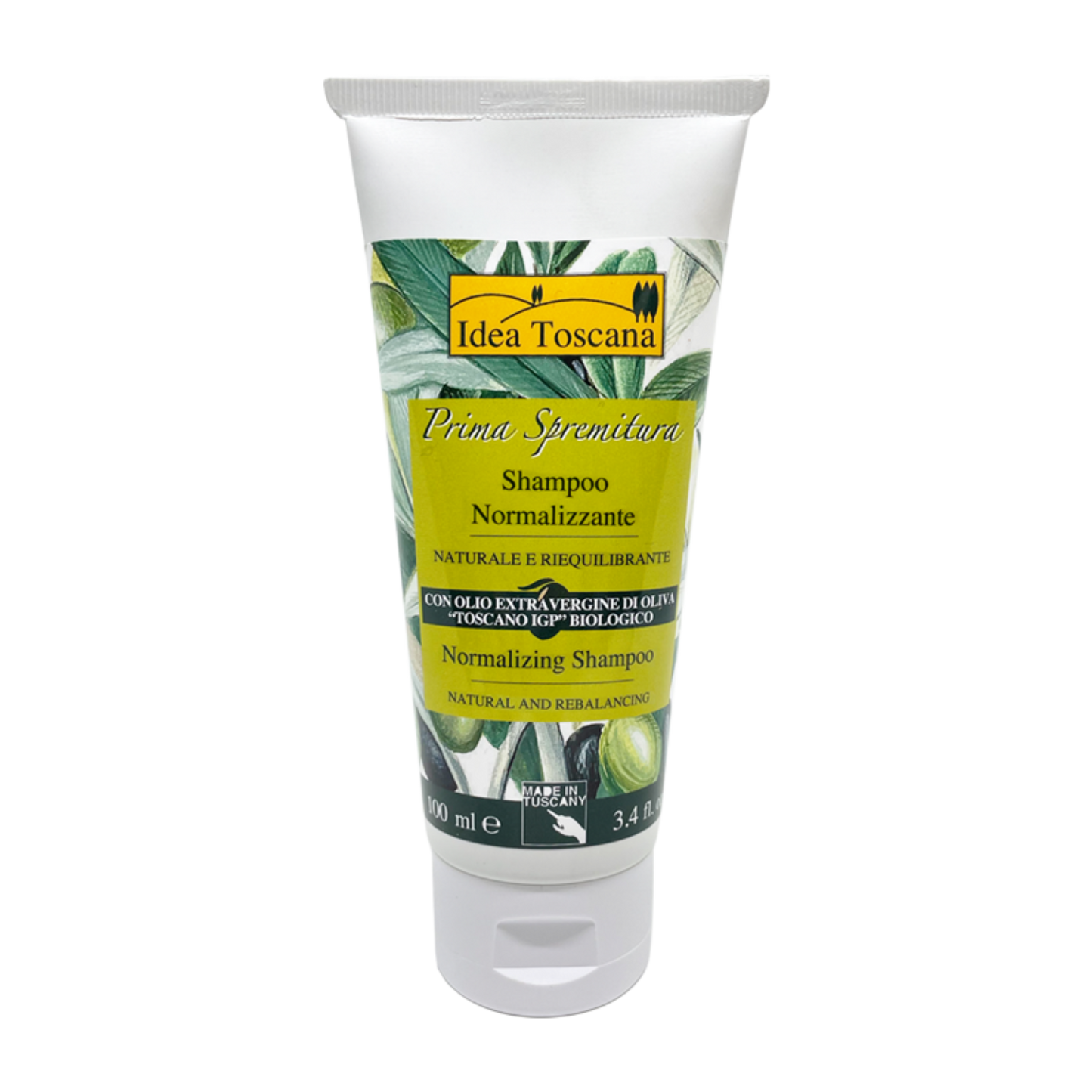 Tube of Idea Toscana shampoo with olive leaf design on a white background