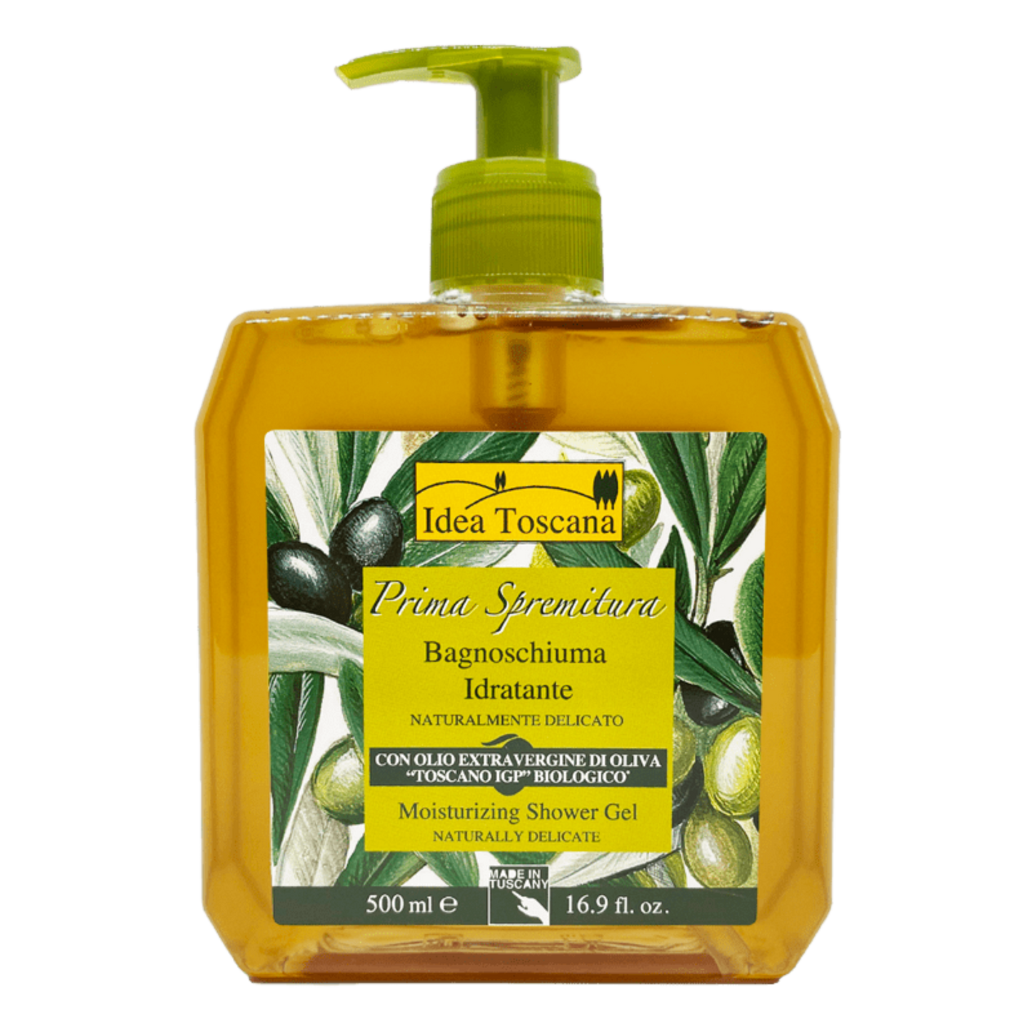 Idea Toscana shower gel bottle with olive design on a transparent background