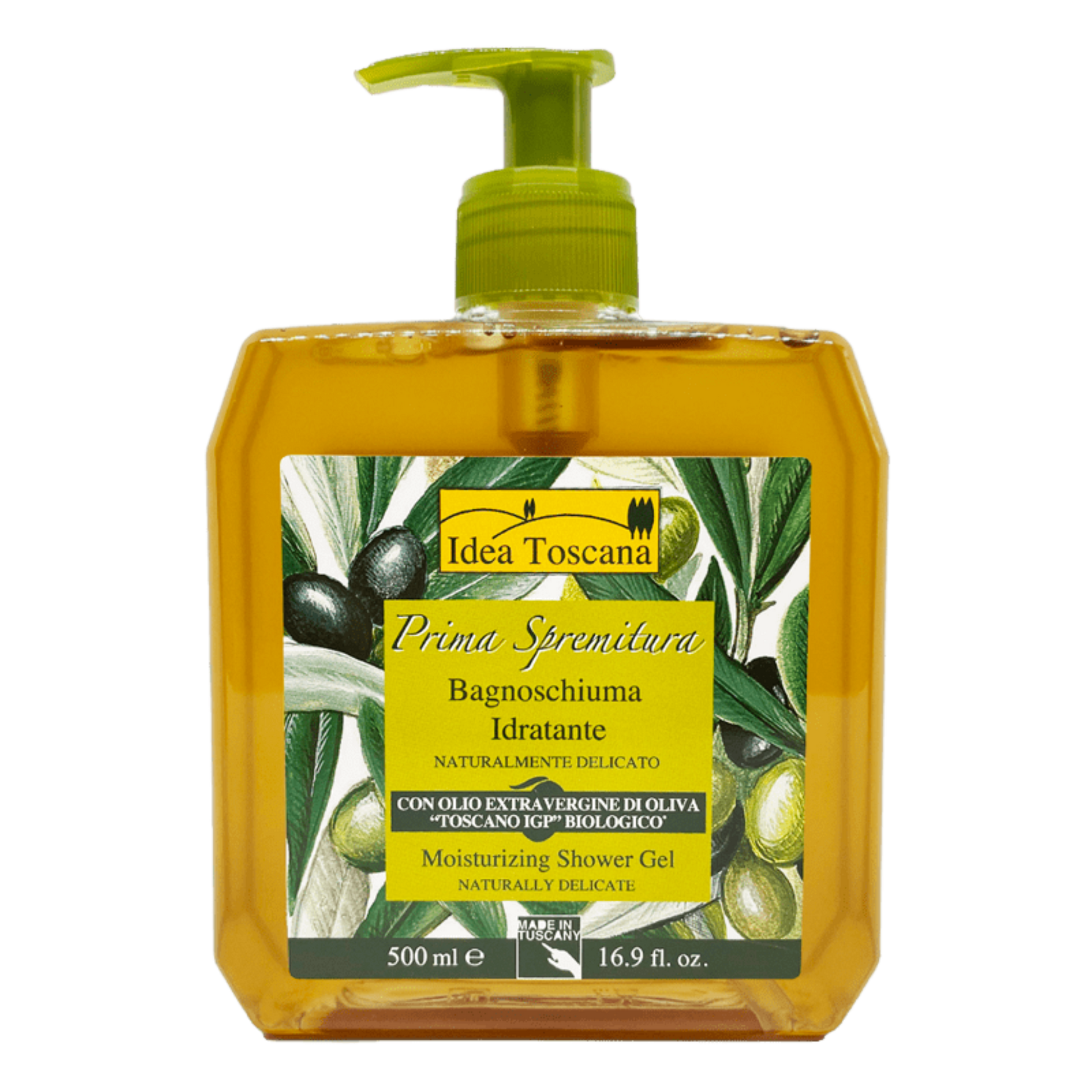 Idea Toscana shower gel bottle with olive design on a transparent background