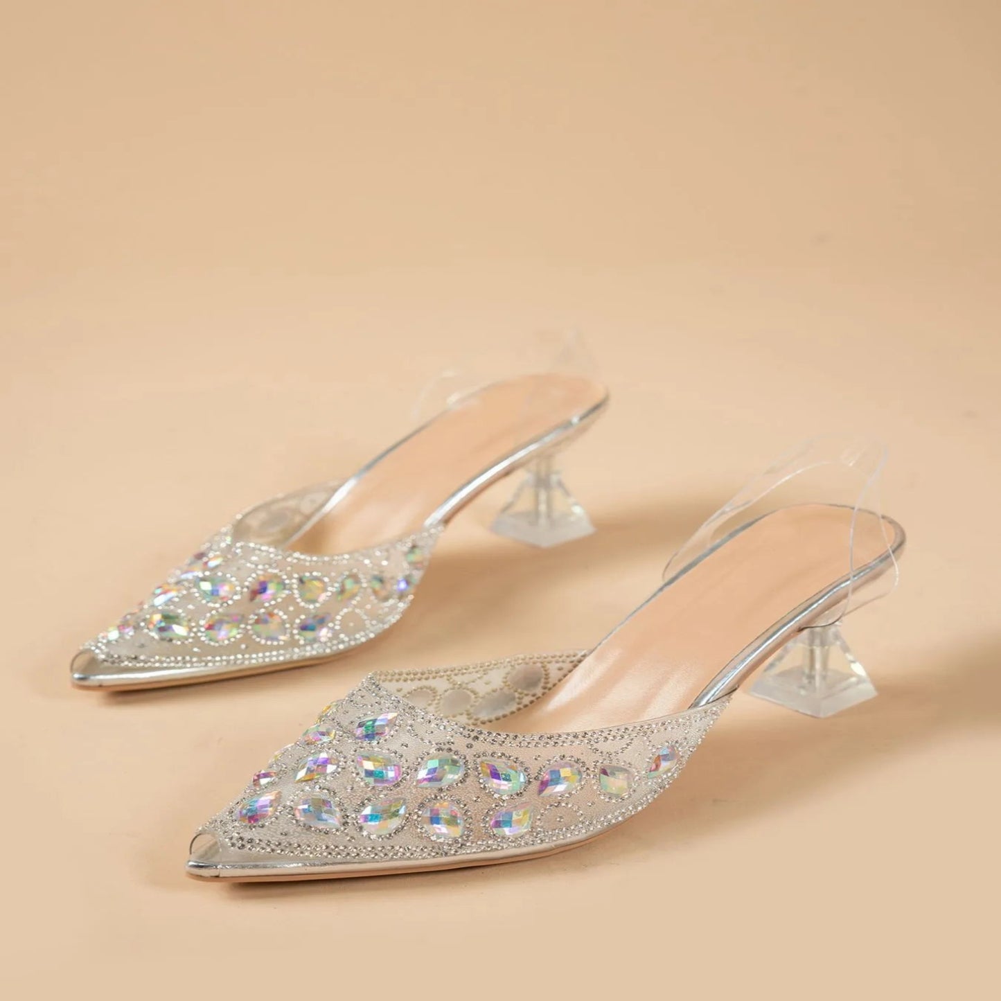 RHINESTONE POINT TOE FLARE HEEL SANDALS high heels small heel cinderella high heels miami