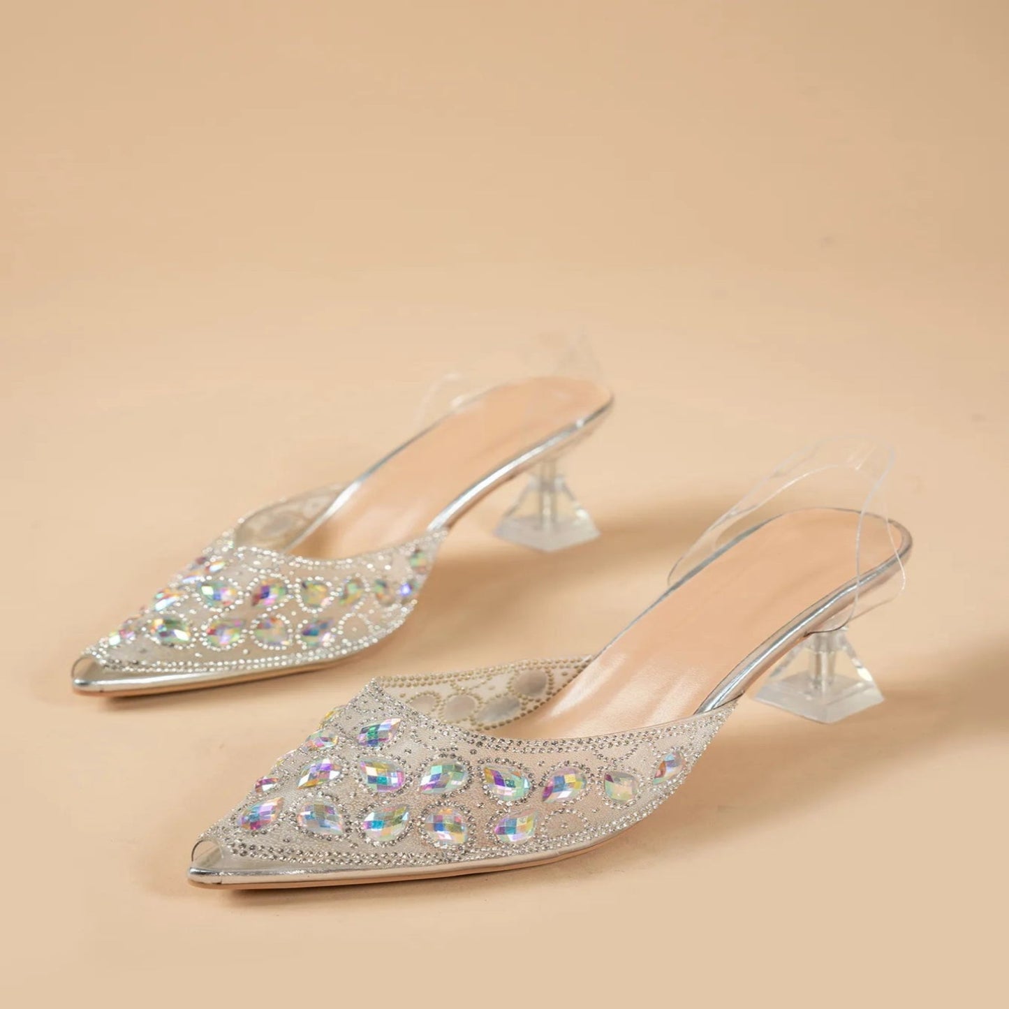 RHINESTONE POINT TOE FLARE HEEL SANDALS high heels small heel cinderella high heels miami