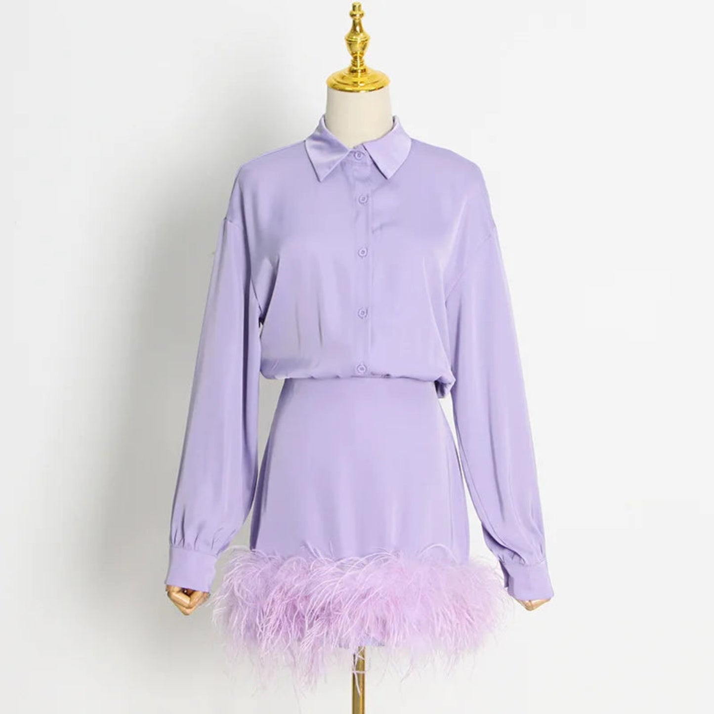 Long Sleeve Business Shirts Two Piece Set Skirt and Top Women Clothing Womens Sets Satin Skirt Feathers
.jpg
