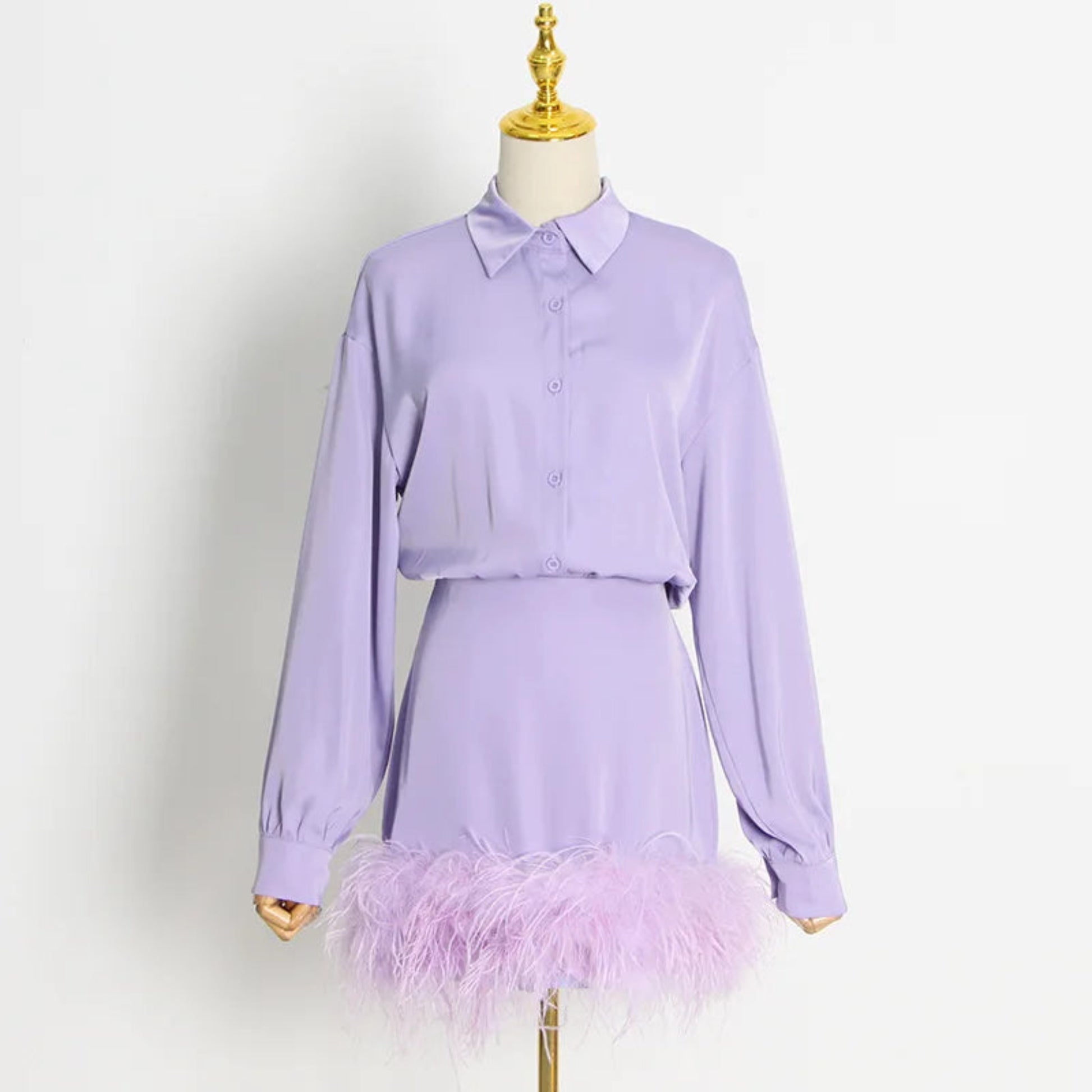 Long Sleeve Business Shirts Two Piece Set Skirt and Top Women Clothing Womens Sets Satin Skirt Feathers
.jpg