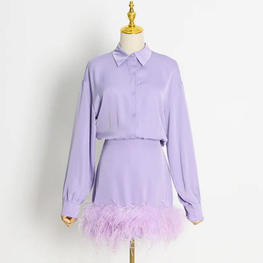 Long Sleeve Business Shirts Two Piece Set Skirt and Top Women Clothing Womens Sets Satin Skirt Feathers
.jpg