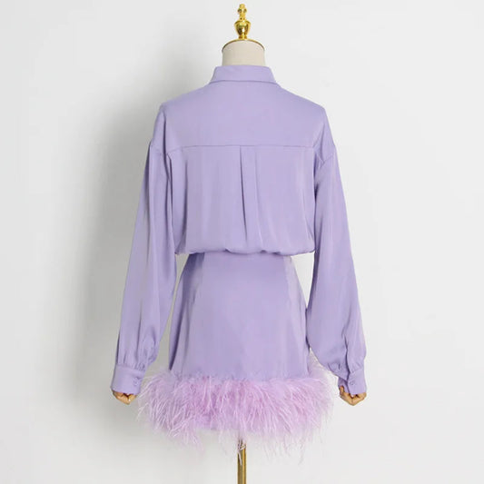 Long Sleeve Business Shirts Two Piece Set Skirt and Top Women Clothing Womens Sets Satin Skirt Feathers
