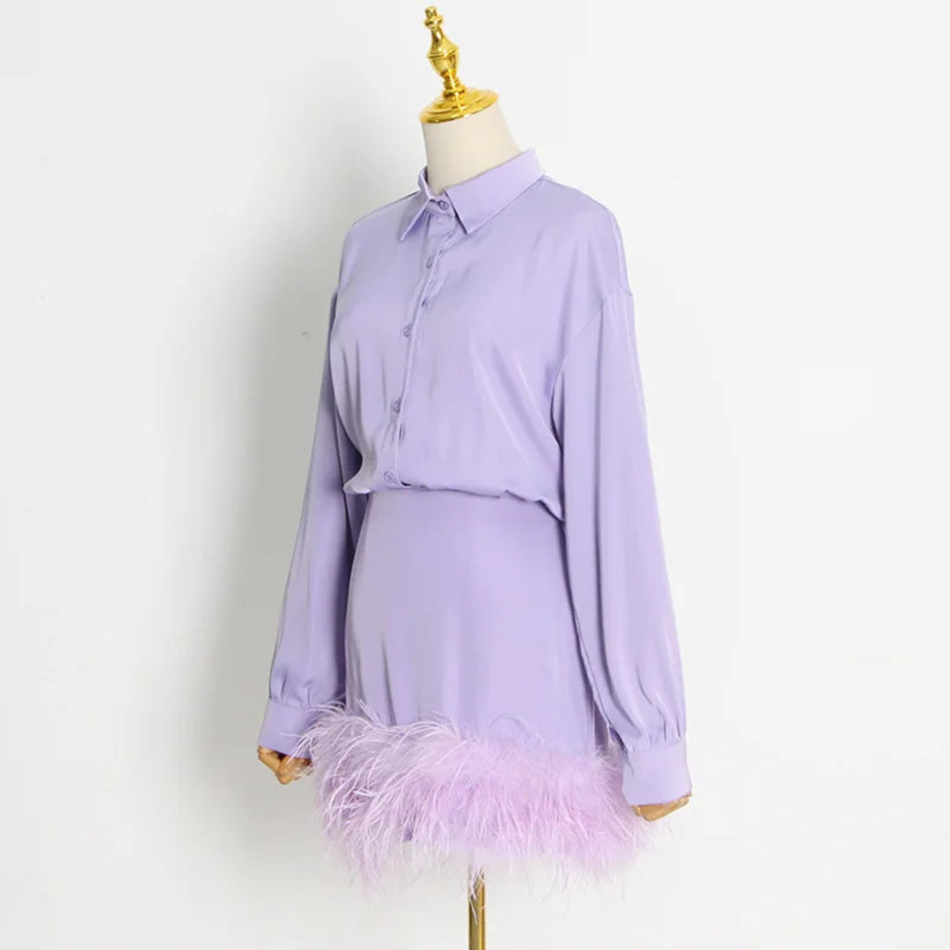 Long Sleeve Business Shirts Two Piece Set Skirt and Top Women Clothing Womens Sets Satin Skirt Feathers