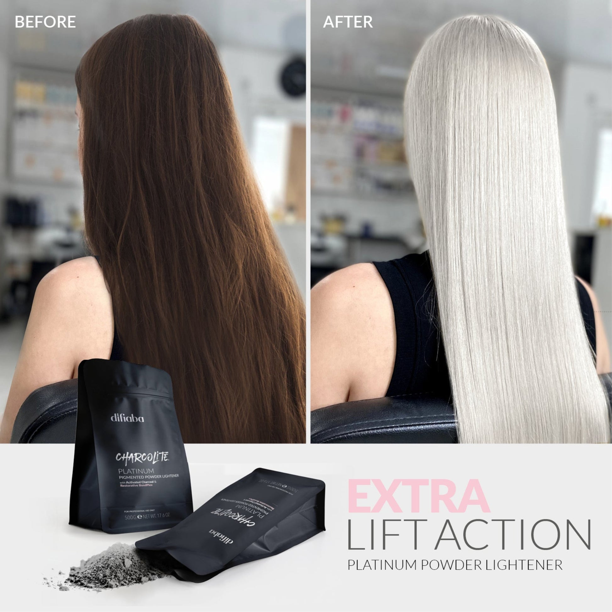 Before and after comparison of hair lightening with Platinum Powder Lightener, showing a person with dark hair turning to platinum blonde.