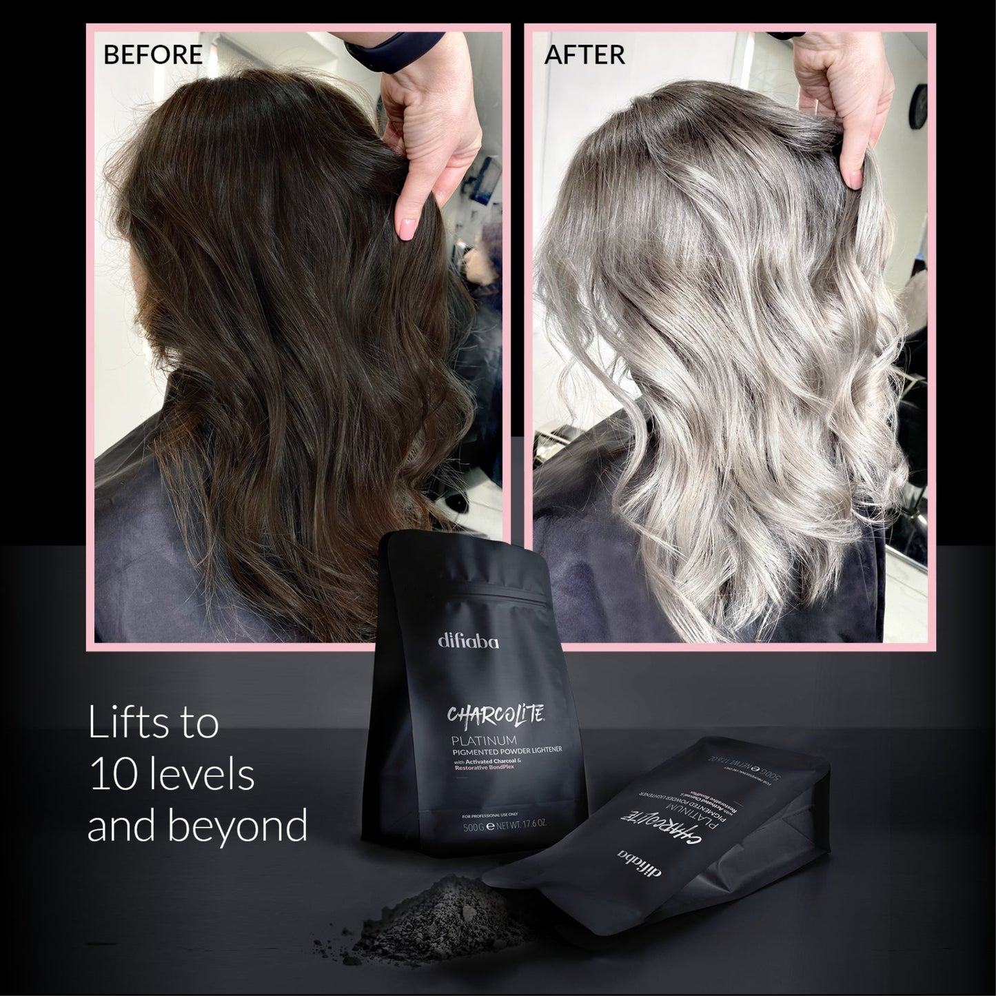 Before and after hair color transformation with a hair product packaging displayed.