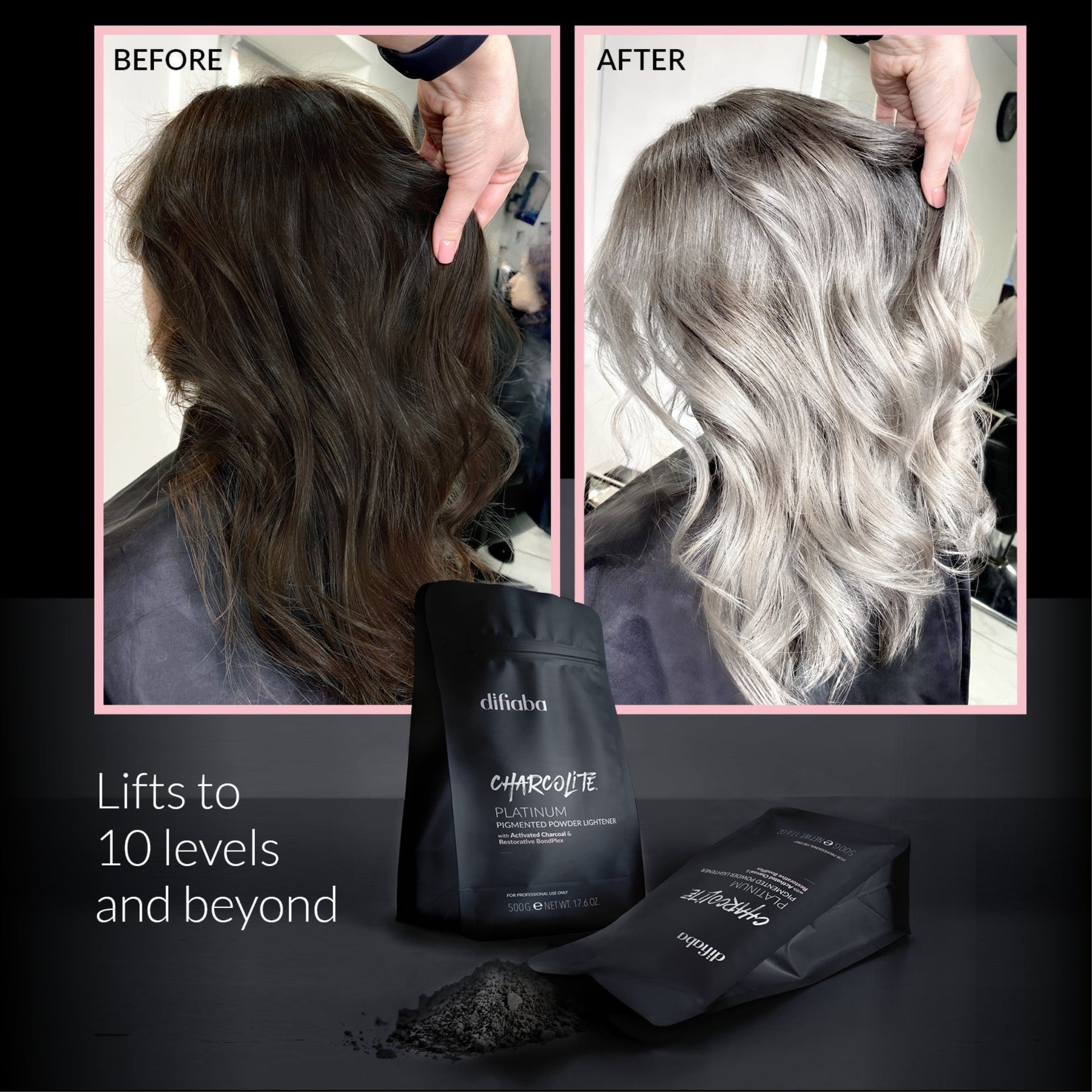 Before and after hair color transformation with a hair product packaging displayed.