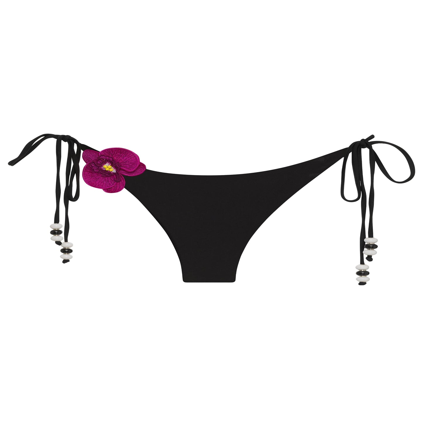 Black bikini bottom with floral design and straps on a white background