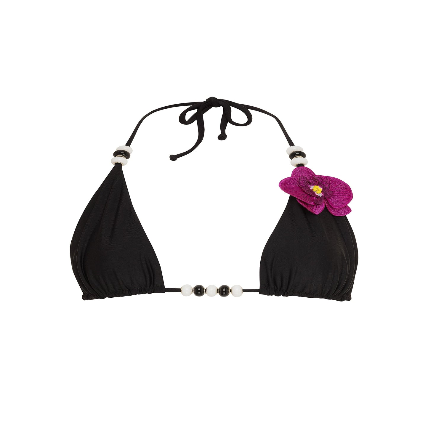 Black bikini top with floral detail and pearl accents on a white background