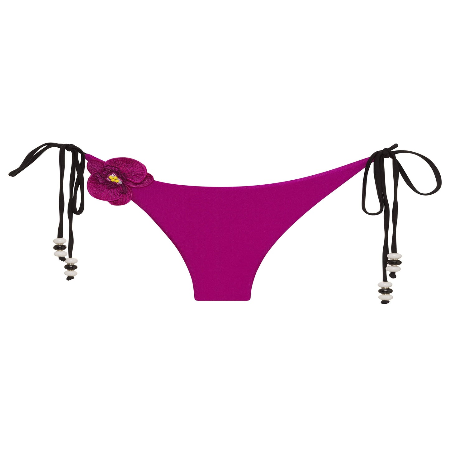 Purple bikini bottom with black straps on a white background