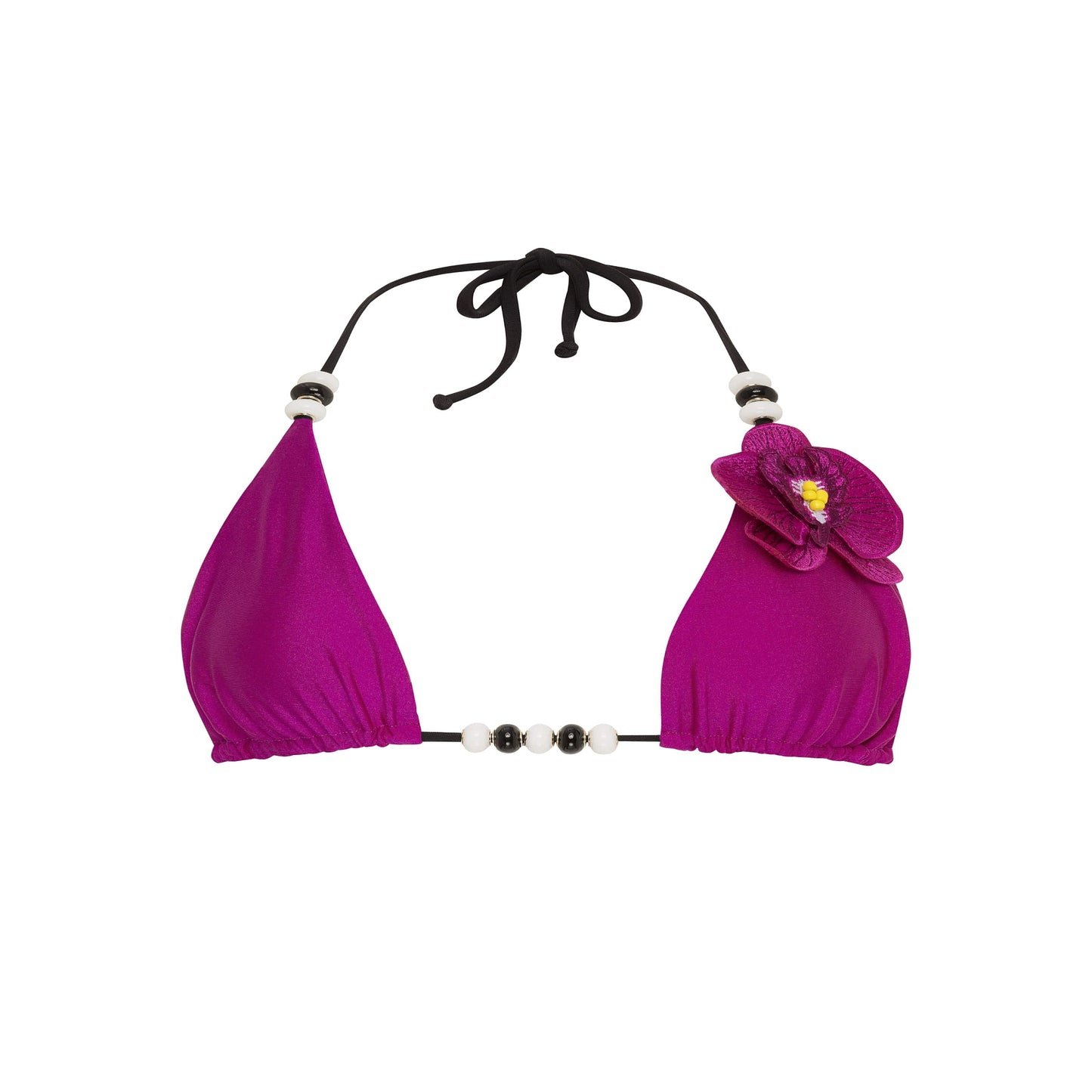 Purple bikini top with floral design and black straps on a white background