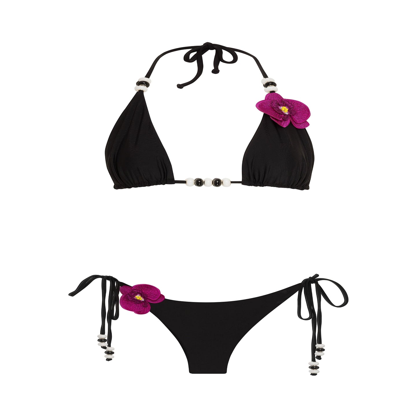 Black bikini set with floral accents on a white background