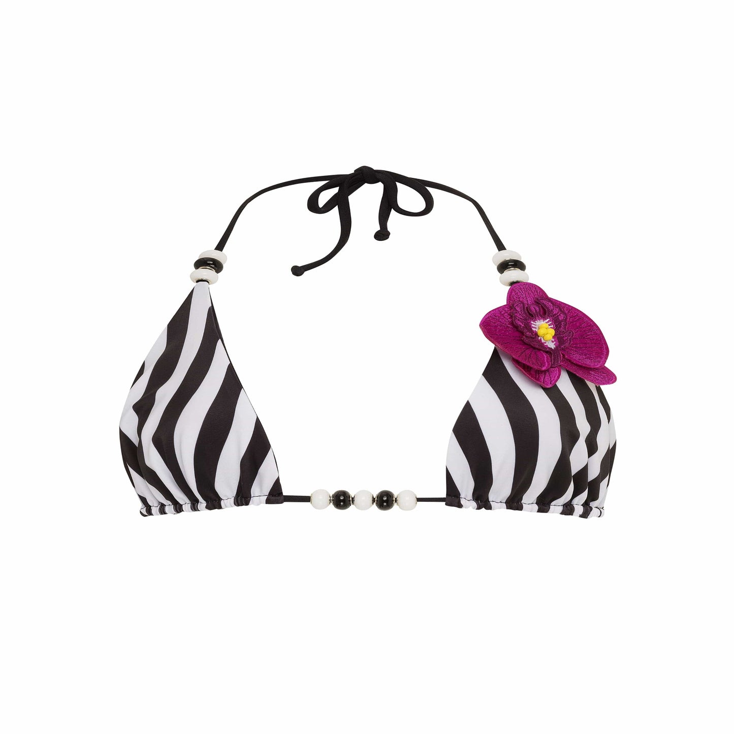 Black and white striped bikini top with a pink flower on a white background