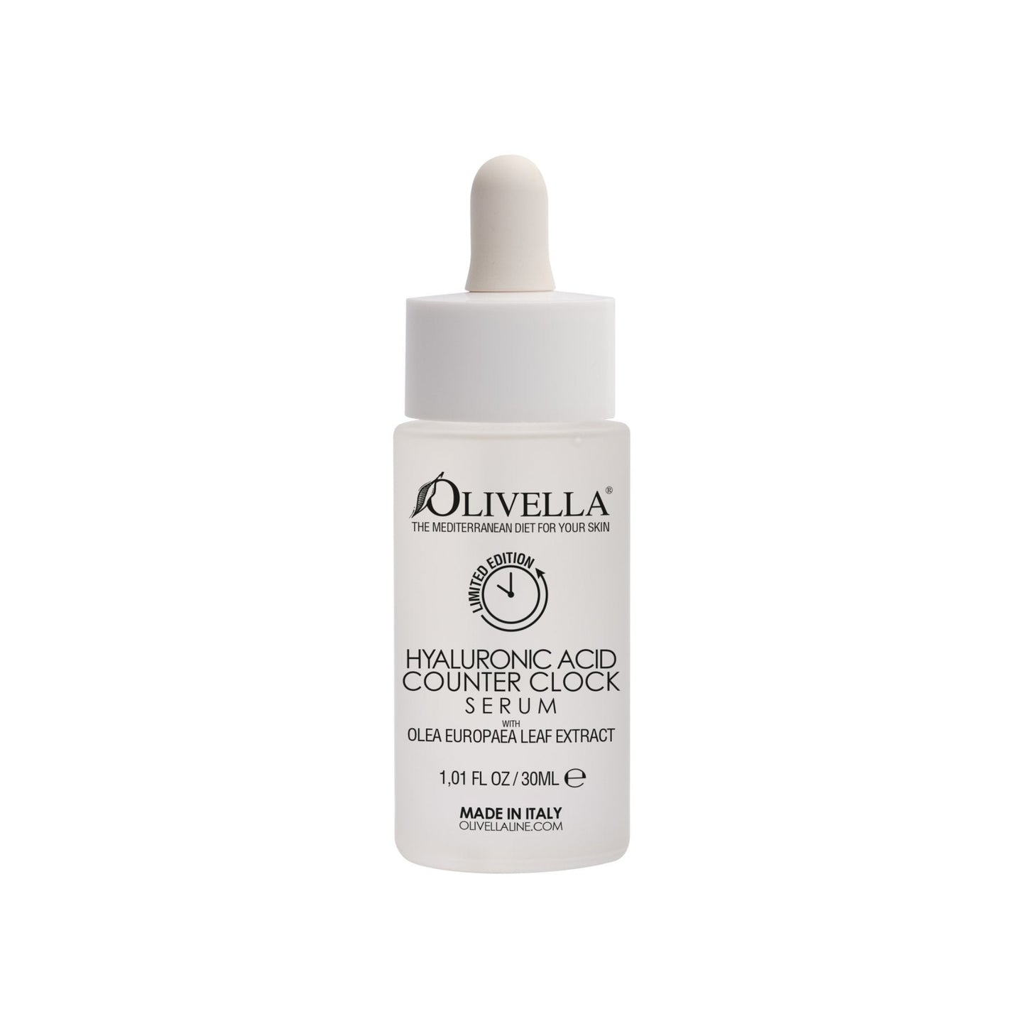 Olivella Hyaluronic Acid Counter Clock Serum bottle on a white background