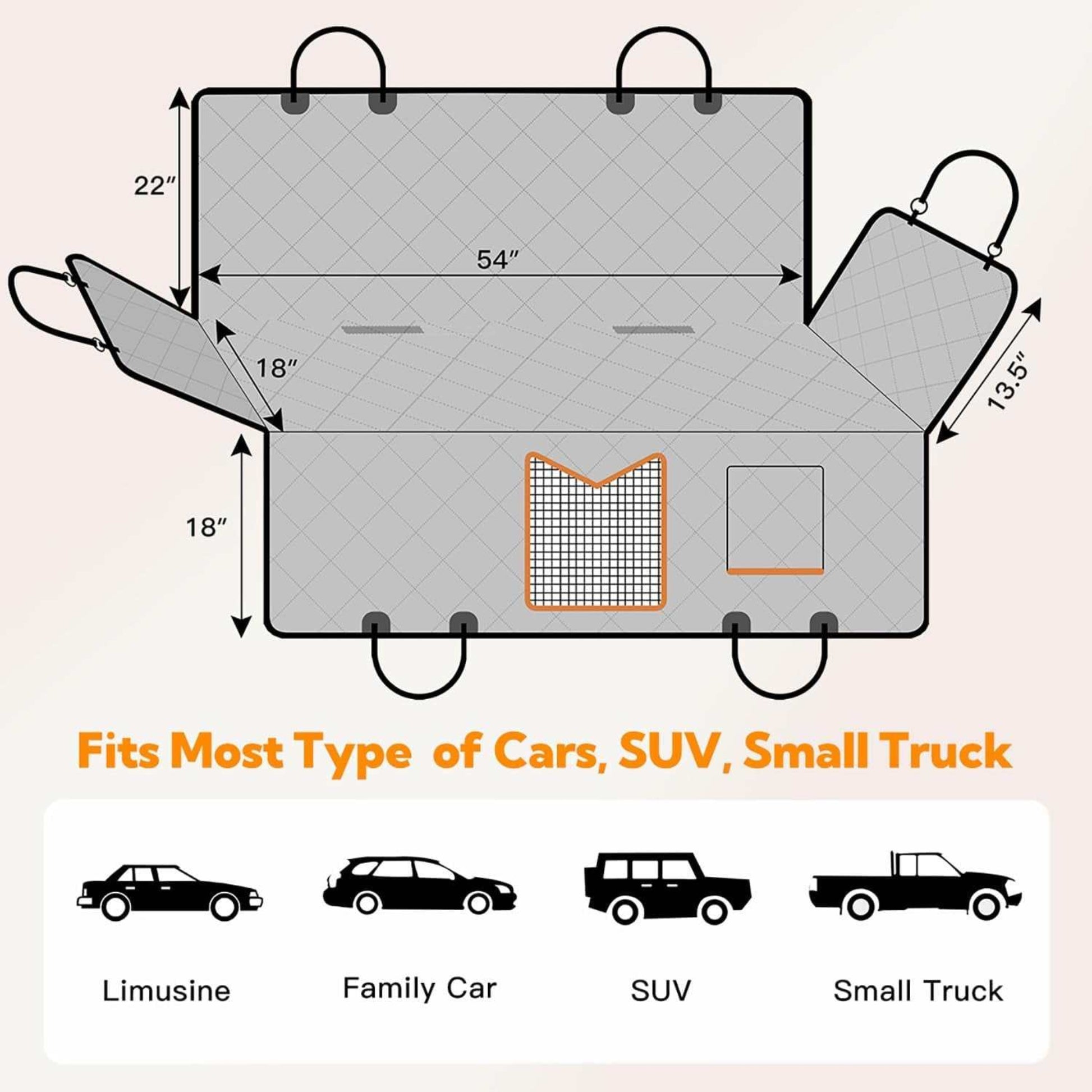 Measurement chart of a car cargo cover with dimensions and compatibility with various vehicle types.