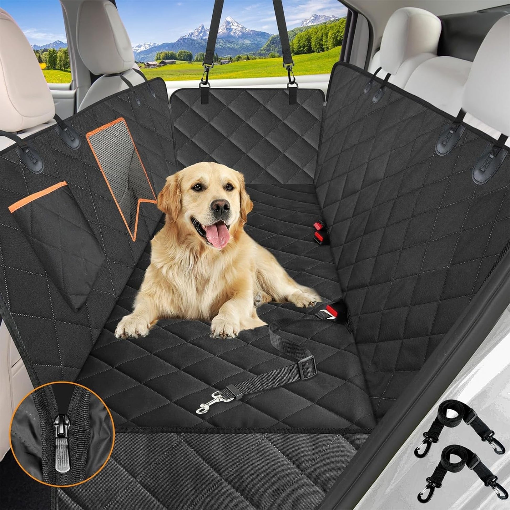 Dog sitting on a black car seat cover with a scenic view outside.