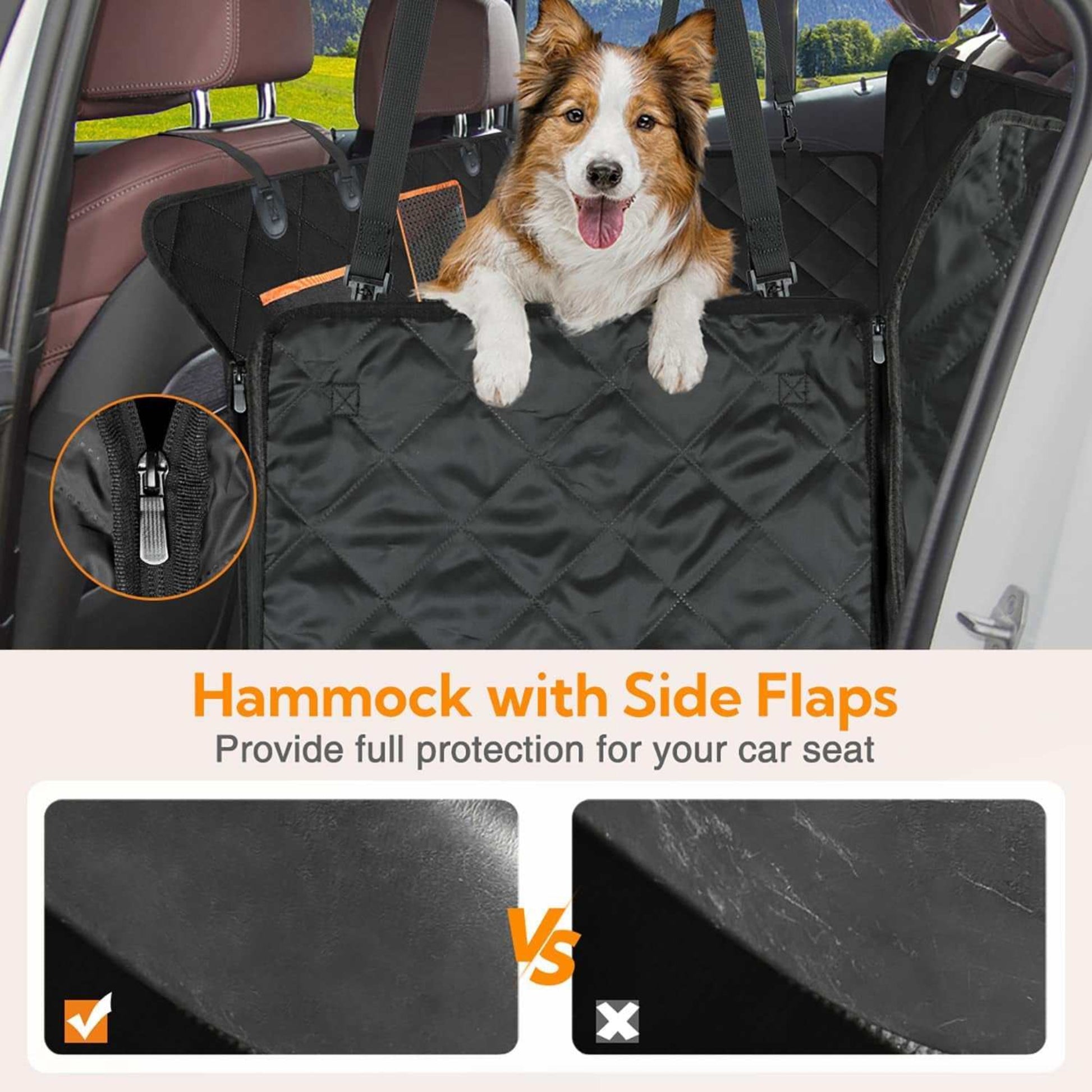 Dog sitting in a car with a black hammock cover, highlighting the product's features.