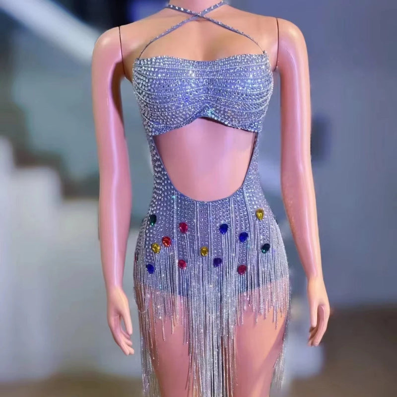 High Quality Evening Dresses Elegant Backless Dress Sexy Ladies Club Party Short Mini Crystal Jumpsuit