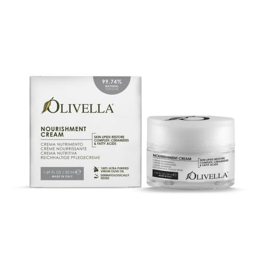 Olivella Nourishment Cream jar and box on a white background