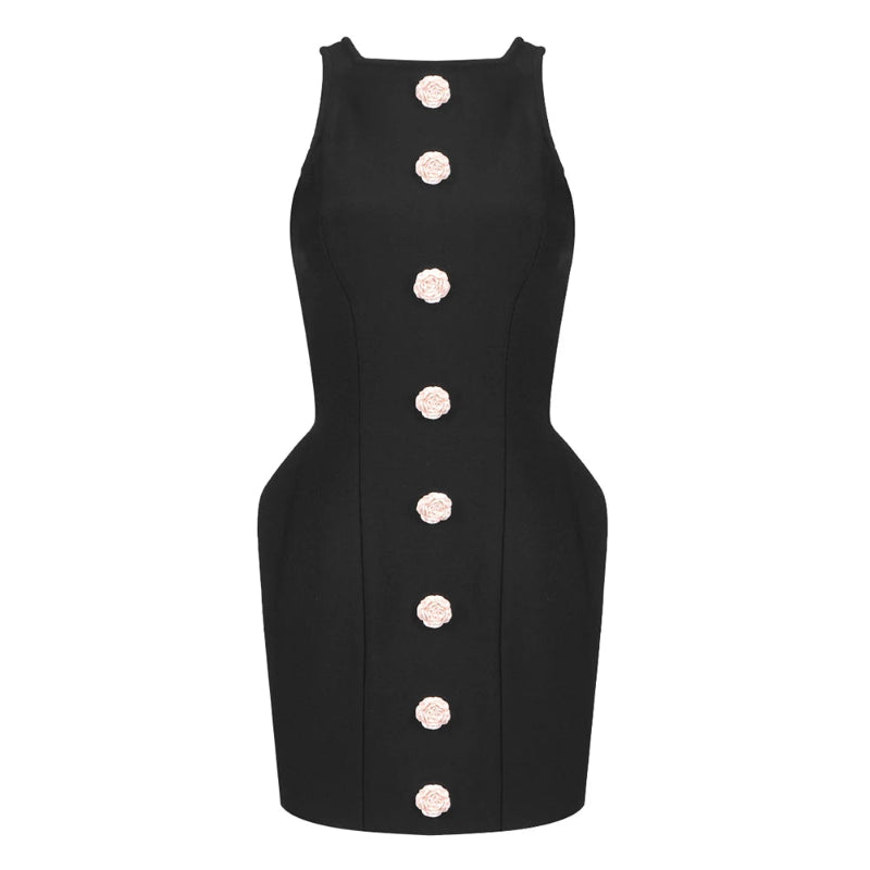 Black Sleeveless Bandage Dresses Stylish Bodycon Dress Elegant Fashion Flower Button Women Sexy Mini Dress