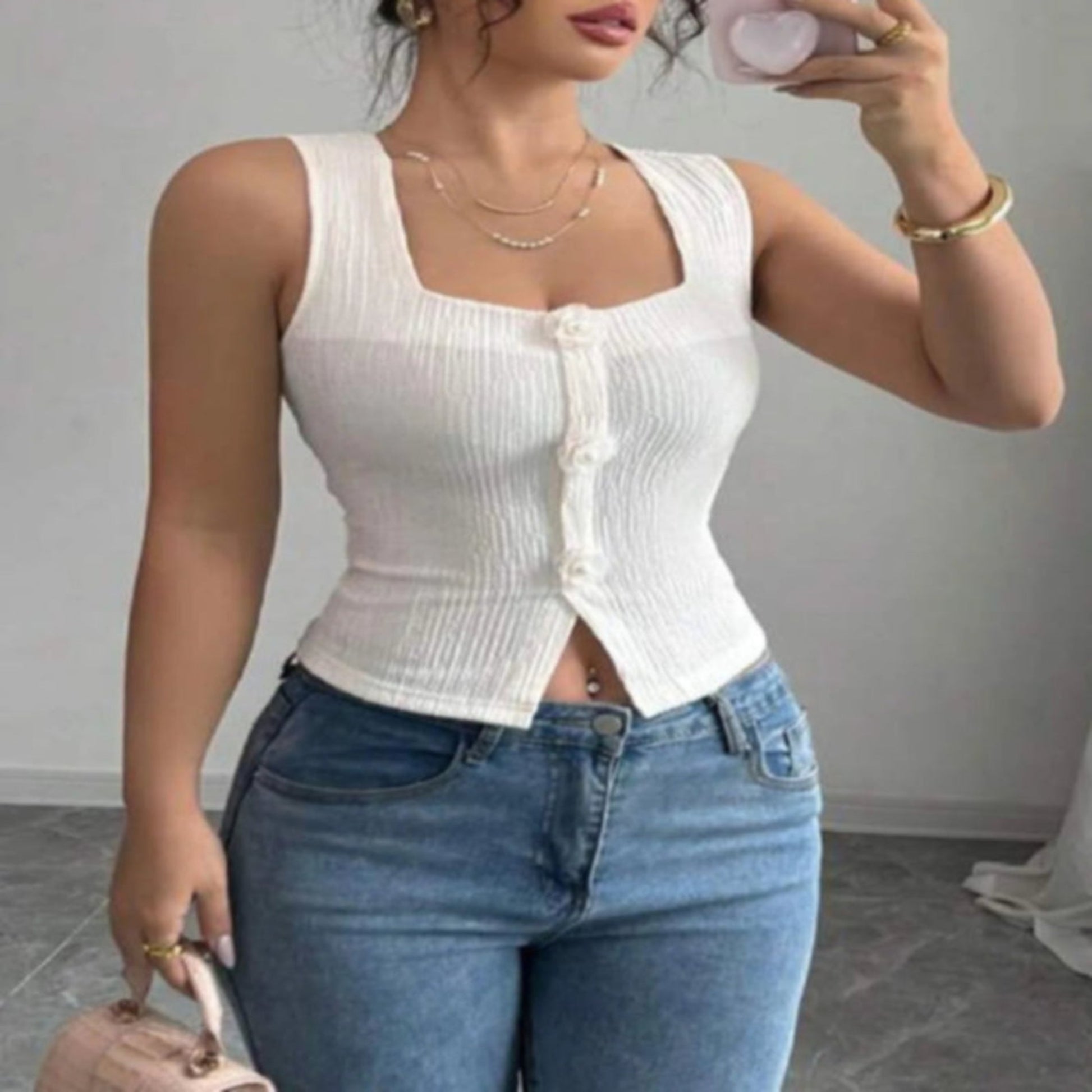 FLOWER SQUARE NECK TANK White Miami Top Women cute tops flower tanks classy tank tops
