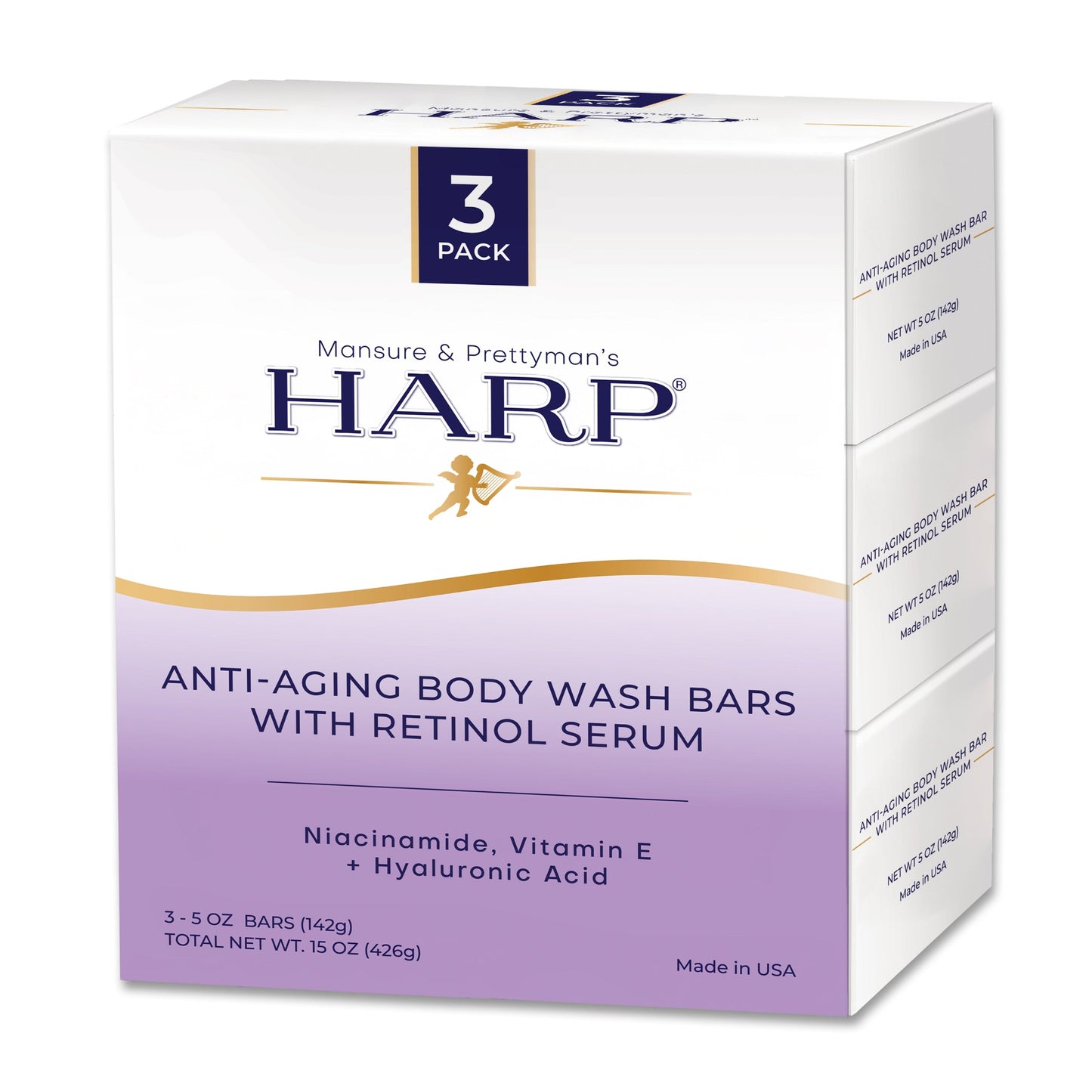 Box of Mansure & Prettyman's HARP anti-aging body wash bars with retinol serum on a white background