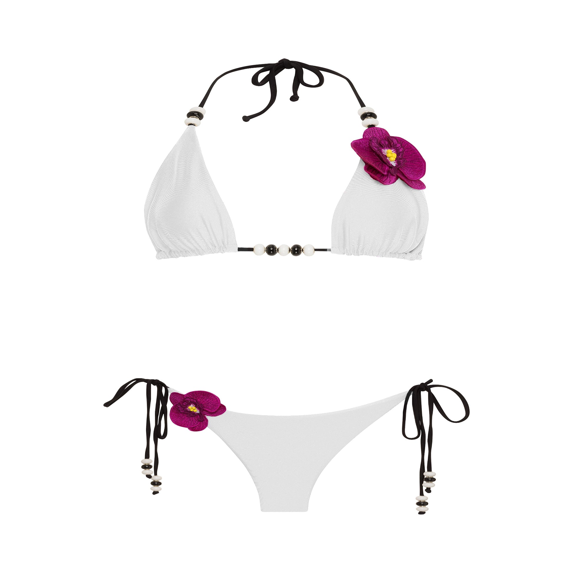 White bikini set with floral accents on a white background