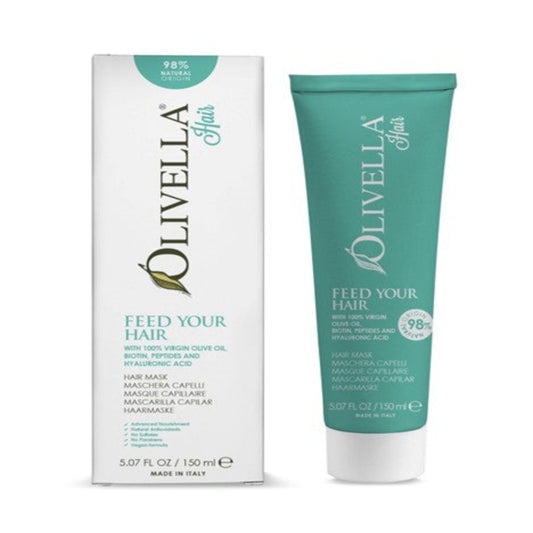 Olivella hair mask tube and packaging on a white background