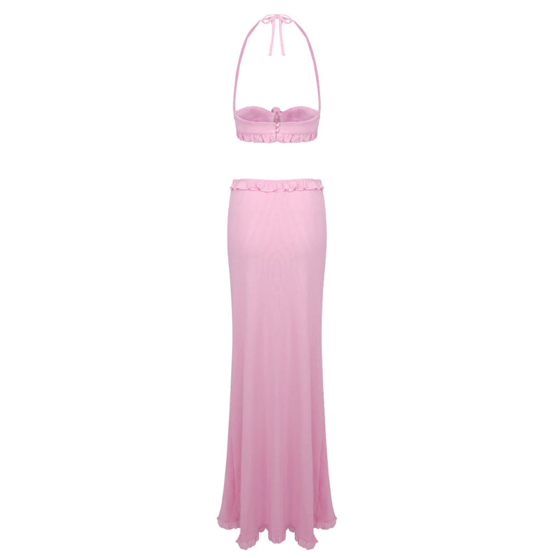 Summer Sexy 2 Piece Set for Women Halter Sleeveless Top and High Waist Ruffle Skirts Flower POSH ROSE TOP & SKIRT Back Views
