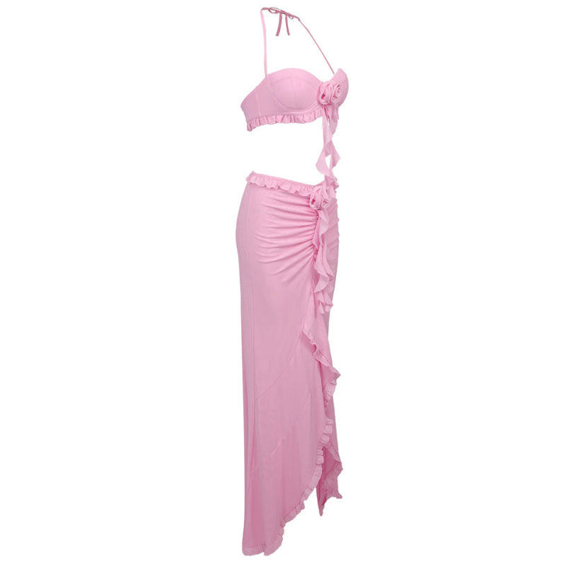 Summer Sexy 2 Piece Set for Women Halter Sleeveless Top and High Waist Ruffle Skirts Flower 