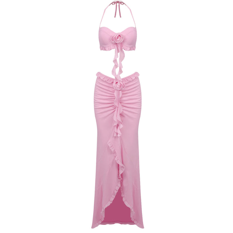 Summer Sexy 2 Piece Set for Women Halter Sleeveless Top and High Waist Ruffle Skirts Flower 