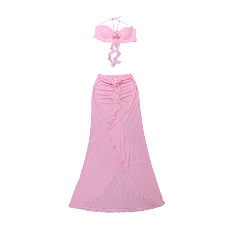Summer Sexy 2 Piece Set for Women Halter Sleeveless Top and High Waist Ruffle Skirts Flower 
