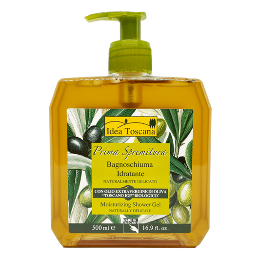Idea Toscana shower gel bottle with olive design on a transparent background