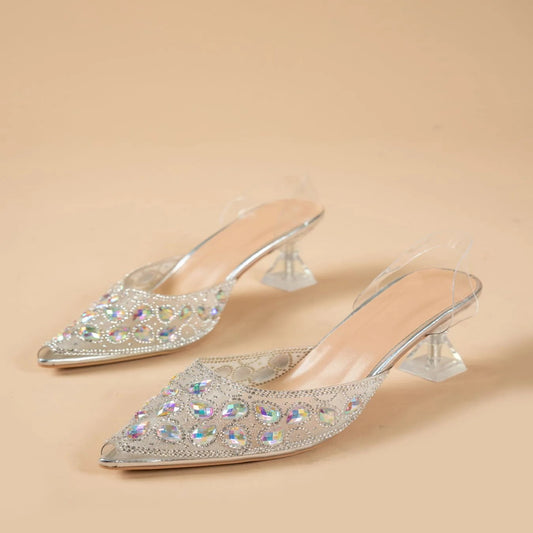RHINESTONE POINT TOE FLARE HEEL SANDALS high heels small heel cinderella high heels miami 