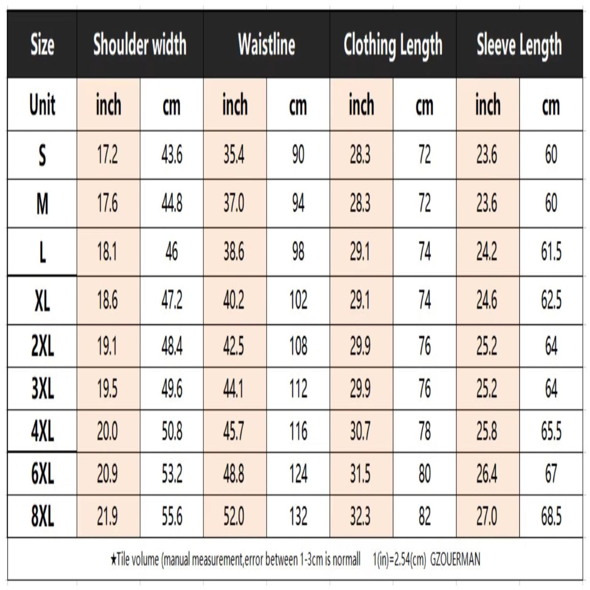 Clothing size chart with measurements for shoulder width, waistline, clothing length, and sleeve length.
