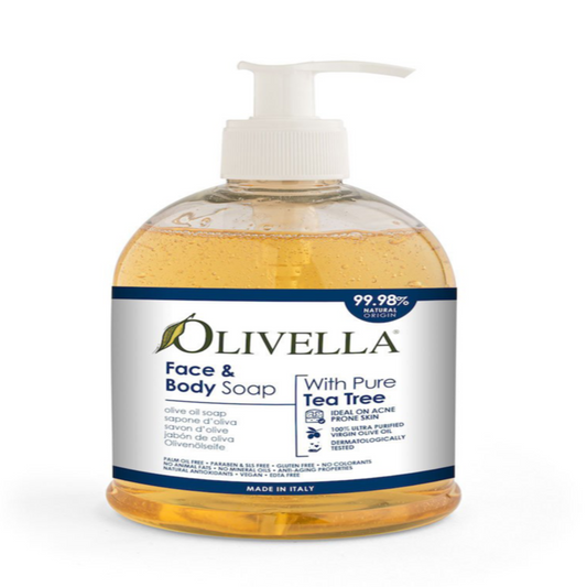 Olivella Face & Body Soap bottle with pump on a white background