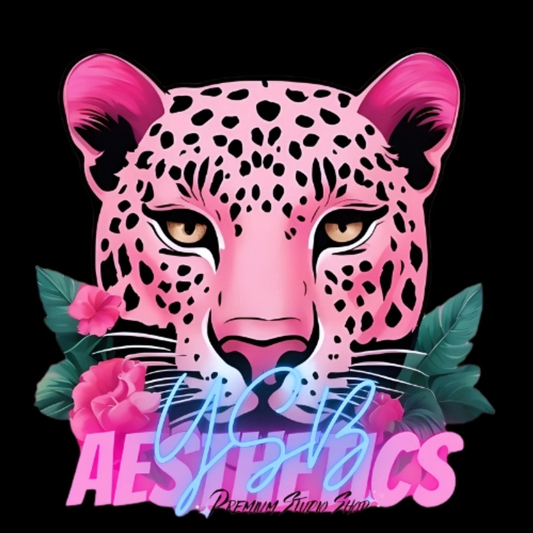 Pink leopard with floral elements and 'Aesthetics' text on a black background