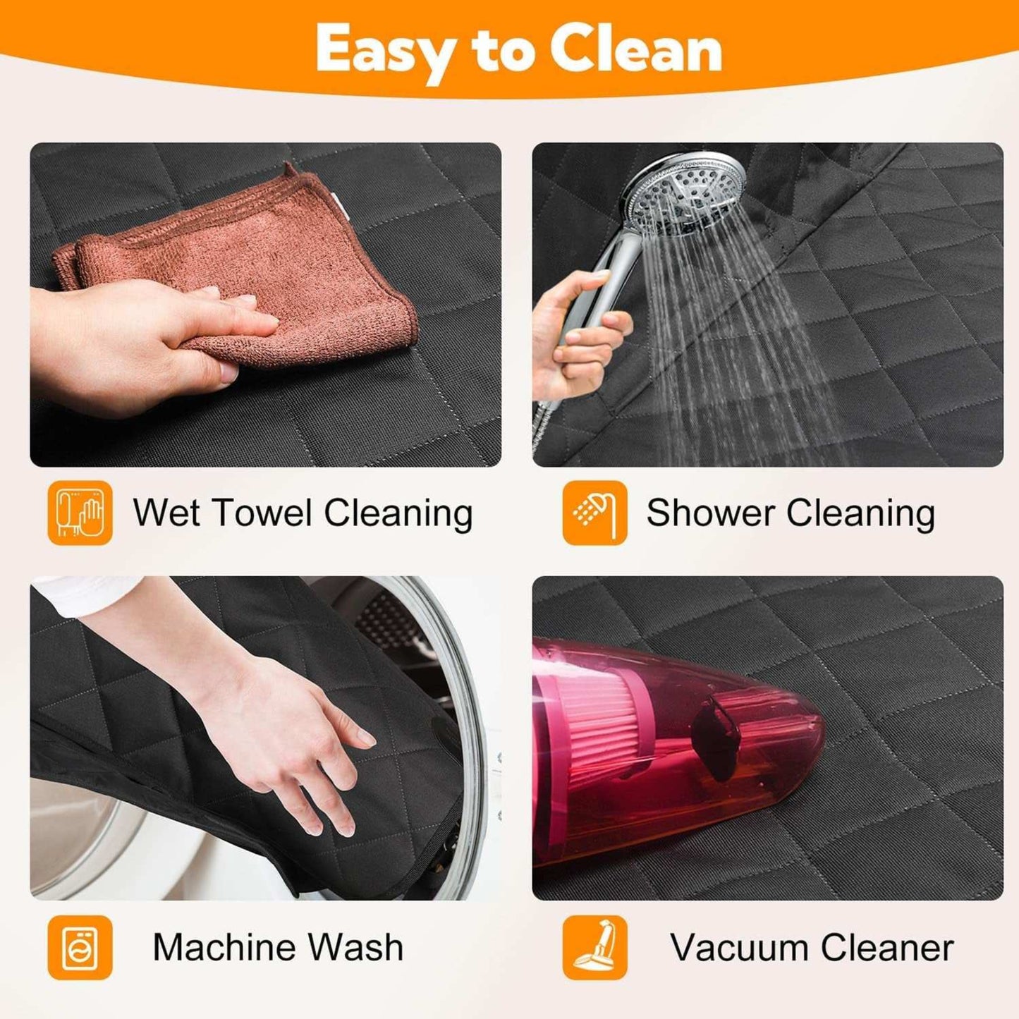Demonstration of cleaning methods for a car seat cover with wet towel, shower, machine wash, and vacuum cleaner.
