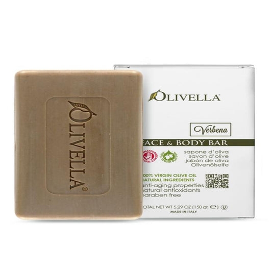 Olivella face and body bar with packaging on a white background