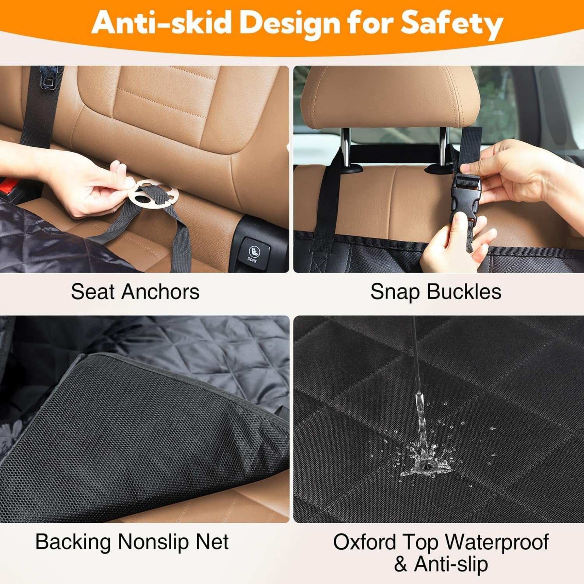 Car seat cover with anti-skid design features including seat anchors, snap buckles, nonslip backing, and waterproof top.
